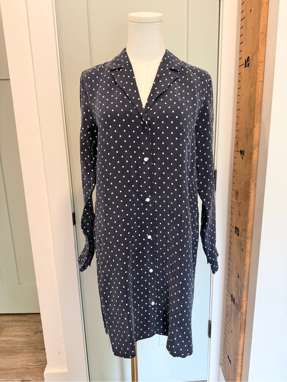 Everlane Polkadot Shirt Dress Button Cupro Navy Blue Small Coastal Grandma